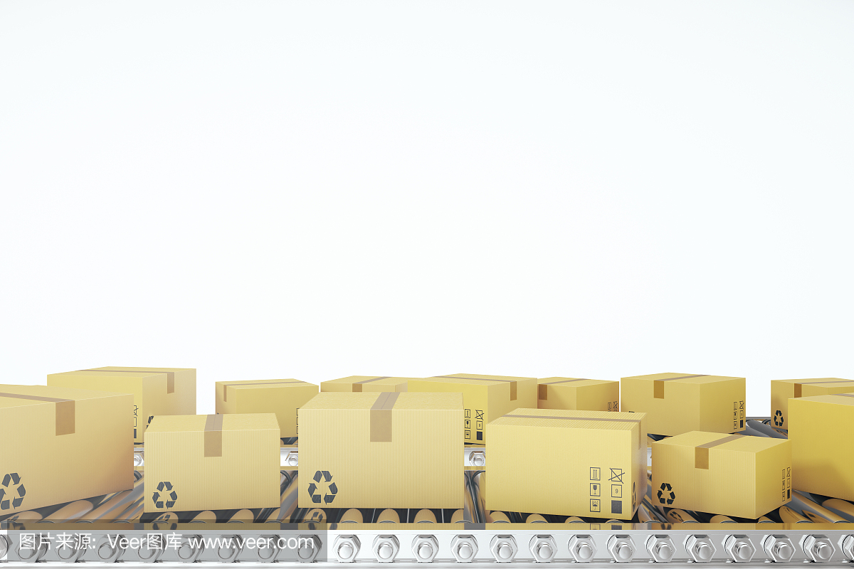 包裹递送,包裹服务和包裹运输系统概念,传送带上的纸箱,3d渲染